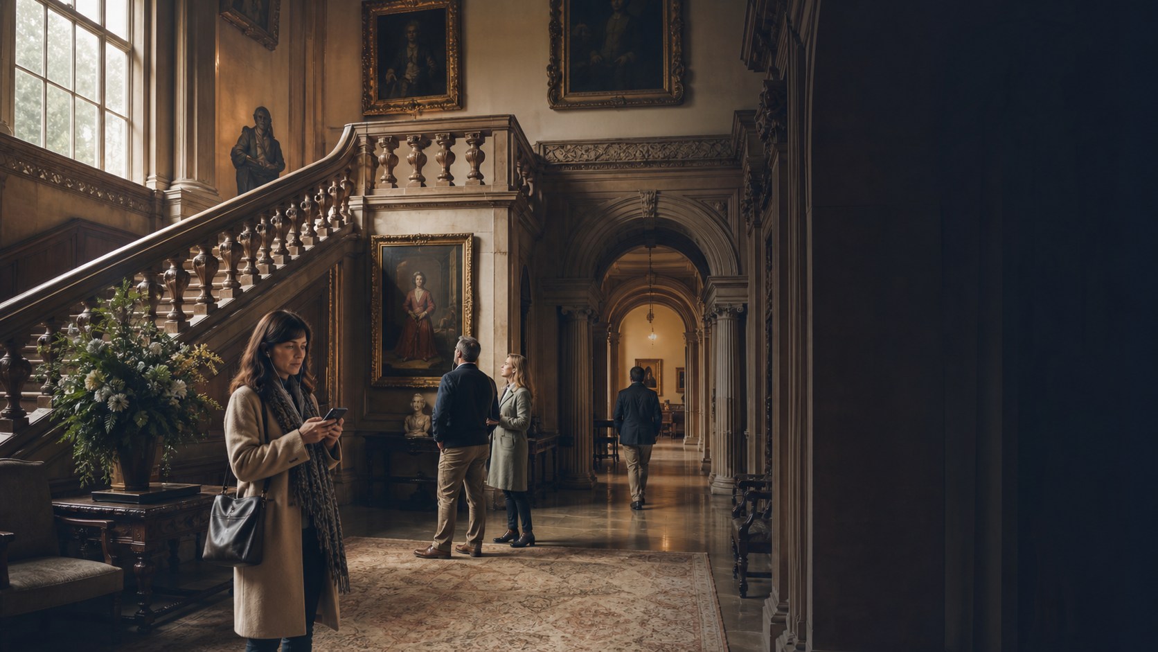 Visitors listening to a phone audio guide inside a historic house