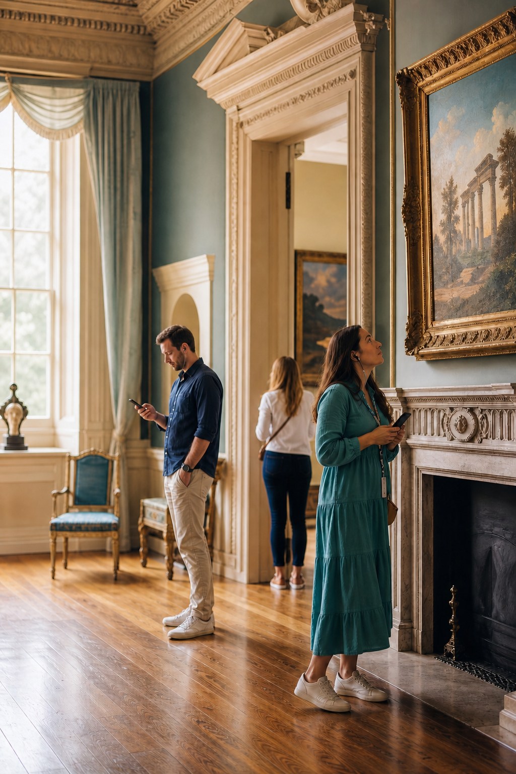 Visitors listening to an audio guide in a historic interior