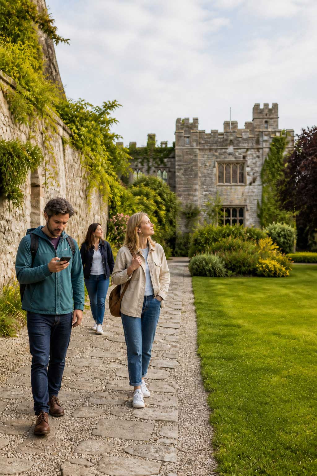 Visitors using phones while walking through heritage gardens