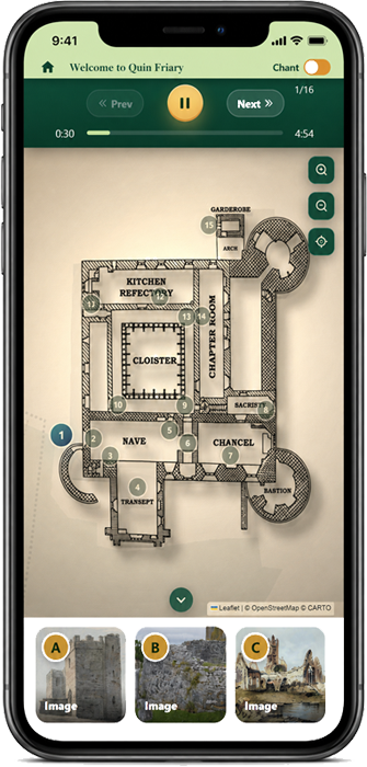 WayWyser phone tour showing audio controls, a site map and tour images