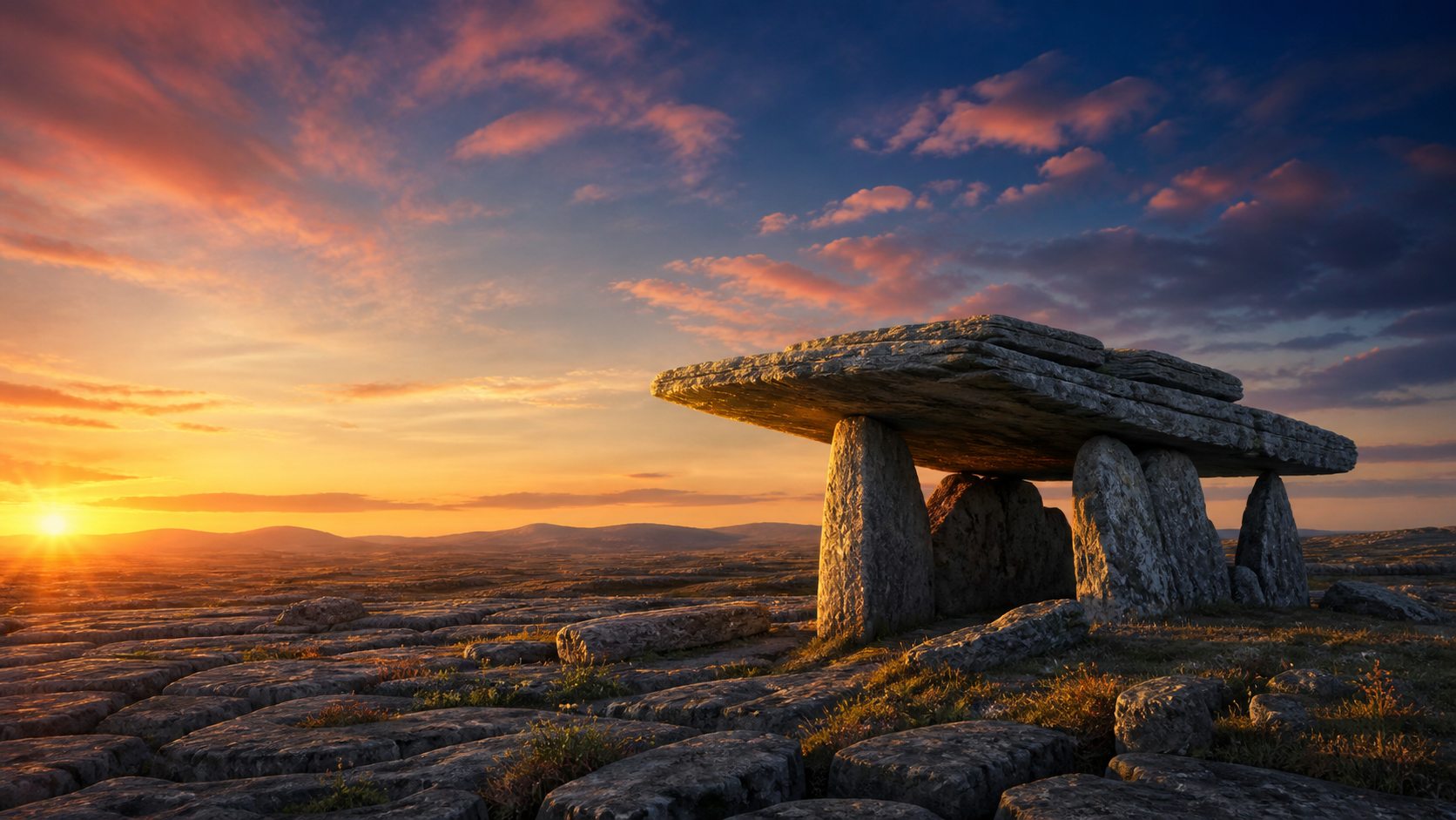 Ancient stone monument at sunset