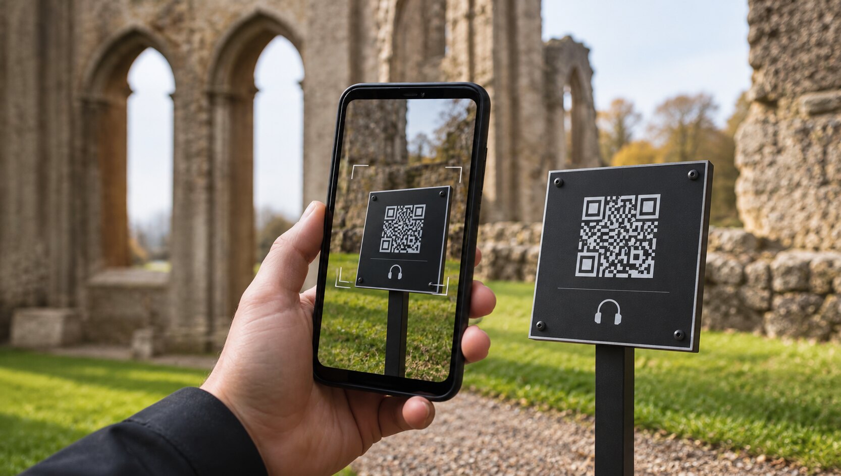 A visitor scanning a QR code on a freestanding sign in heritage grounds